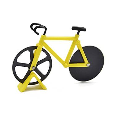 Imagem de Cortador de Pizza Aço Inoxidável com Duas Rodas Forma Bicicleta Faca Corte Ferramenta Roda Afiada Suporte Fixo Design Criativo Cozinha para Bolo Massa
