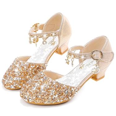 Imagem de Furdeour Sapatos sociais para meninas, princesa, cristal, salto alto, bico fechado, festa, casamento, flores, meninas, crianças, crianças pequenas e grandes, Champagnesequins, 9 Toddler