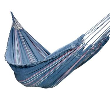 Imagem de Rede de Dormir Grande Jeans Style com Franja – Resistente para Descanso em Varanda, Jardim e Piquenique ao Ar Livre (Jeans Listrado (Pequeno))