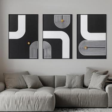 Imagem de AMAATE Arte moderna de parede de arenito 3D com moldura de metal, pintura preta e branca, textura leve, luxuosa, pintura pendurada, moderna, sala de estar, quarto, escritório, carteira, decoração