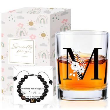 Imagem de Conjunto de copos de uísque monograma para presentes com pulseira, padrinhos exclusivos de Natal, aniversário, festa de casamento, para homens, ele, pai, marido, irmão, (M)