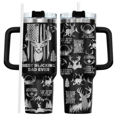 Imagem de fat mummy Copo Hunting Deer Tumbler 1,134 g com alça – Caneca isolada de aço inoxidável Best Bucking Dad Ever, presentes engraçados de caça para homens, copo de café caçador de cervos para viagem, pai