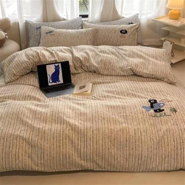 Imagem de Jogo de lençóis de algodão e cânhamo bordados, lisos, com estampa de desenho animado, macios e confortáveis, com capa de edredom e lençol de baixo, 1,5 m, conjunto de 4 peças