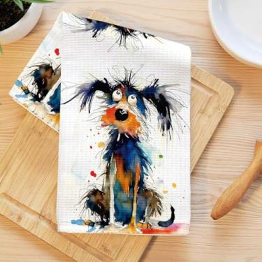Imagem de Toalhas de cozinha caprichosas para cães, cachorro bagunçado artístico decorativo pano de prato de microfibra absorvente toalha de chá, toalhas de mão macias de waffle para decoração de casa de banho