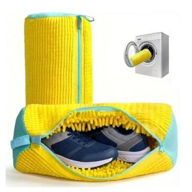 Imagem de Pacote com 2 sacos de lavagem de sapatos para máquina e secadora – Sacos de limpeza de chenille para todos os tipos de sapatos, protege contra danos, limpeza profunda suave, sacos de lavanderia