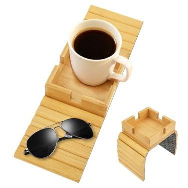 Imagem de Suporte de copo de sofá, suporte de copo de bambu para sofá, bandeja de apoio de braço estende seu conforto com um compartimento seguro para bebidas e espaço de lanche para poltrona reclinável