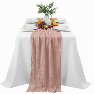 Imagem de Caminho de mesa de tecido enrugado rosa, decoração de jantar texturizada de 300 x 89 cm com boêmio