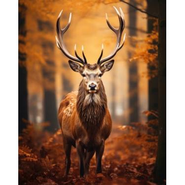 Imagem de TUMOVO Kit de pintura por números para adultos cena de floresta de veado de inverno nobre no outono queda de neve DIY pintura em tela para relaxamento vida selvagem rústica decoração de casa tintas