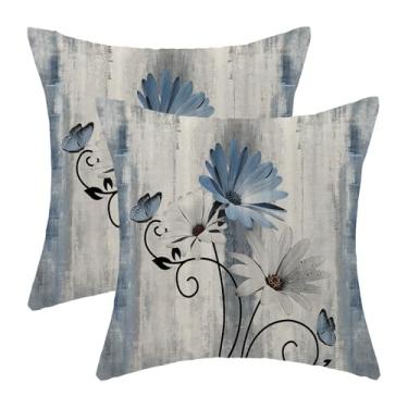 Imagem de OFIRD Capas de almofada de primavera, pacote com 2 fronhas florais de margaridas azuis, decoração ao ar livre, vintage, verão, flores, fronhas, fazenda, decoração de linho, capa de almofada para sofá