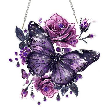 Imagem de DOMROM Kits de pendurar arte de diamante de borboleta para adultos iniciantes, pingente de borboleta com pintura de diamante de cristal de formato especial, arte de diamante faça você mesmo
