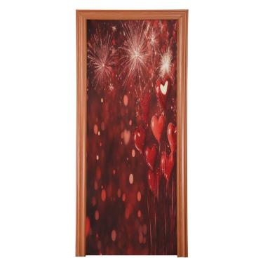 Imagem de ATTX Capa para porta da frente de fogos de artifício coração dos namorados - tecido elástico lavável decoração de férias para festas, casa, decoração de porta da frente, 91 x 234 cm (234)