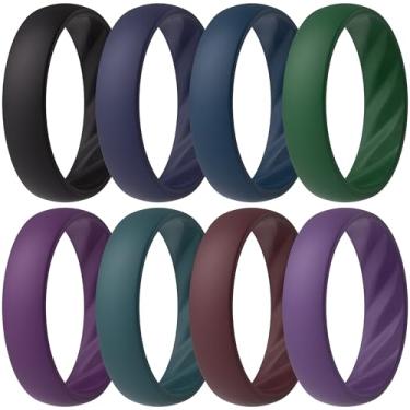 Imagem de ThunderFit Alianças de casamento de silicone para mulheres, anéis de compromisso com ranhuras onduladas elegantes, 6 mm de largura, 2 mm de espessura, respirável, anéis de noivado femininos de
