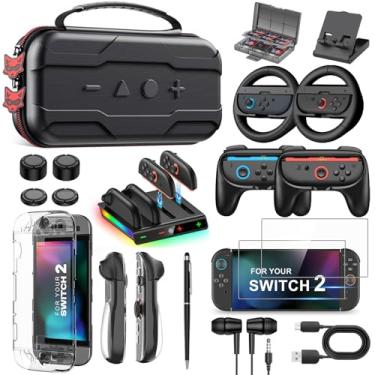 Imagem de Switch 2 Accessories Bundle Kit for Nintendo Switch 2, Carrying Case for Switch 2/Switch/Oled, Joycon Charger, Screen Protectors, Steering Wheel, Joypad Grip, Game Cards Case & More for Nintendo