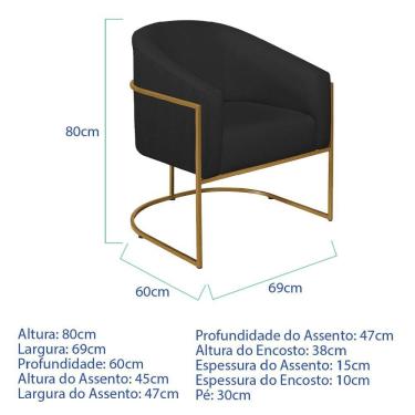 Imagem de Kit 2 Poltronas Decorativa Jade Moderno Escritório Confortável Luxo Base De Ferro Dourado Linho Cor Preto