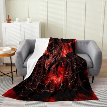 Imagem de Cobertor de lã de flanela de dragão vermelho, cobertor super macio com estampa de vida selvagem mágica 3D para cama de sofá e sofá, cobertor de cama com estampa de magma vulcânica chama para decoração