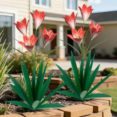 Imagem de TOMBABY Planta de agave de metal de 82 cm decoração ao ar livre lírio mexicano jardim arte jardim presente decoração de casa pintada à mão metal agave jardim quintal estátua (2, verde)