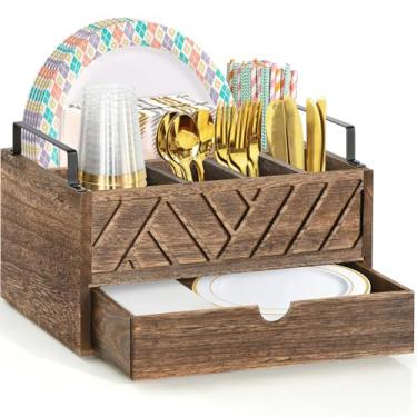 Imagem de Dispensador de pratos de papel com gaveta, suporte de prato de papel para balcão de cozinha, organizador de talheres rústicos de madeira, organizador de talheres para copos, colher, garfo, pratos