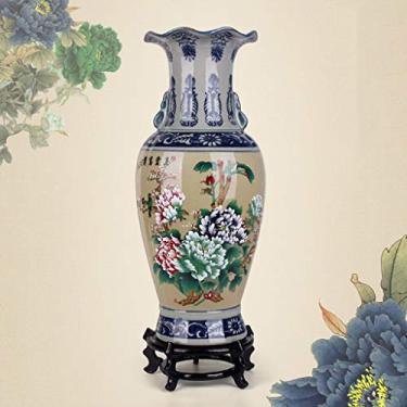 Imagem de U5GAAALPPQ9 Vaso de cerâmica chinesa com base, dois estilos, vaso de decoração de flor de peônia pintado à mão, esmalte rachado, decorações de arte para casa, 35 cm (cor: B) (B)