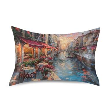 Imagem de xigua Pintura a óleo de fronha de cetim italiano para cabelo e pele, lavável à máquina, antiderrapante, almofada de cetim, capa de cama padrão com fecho de envelope, 51 cm x 66 cm