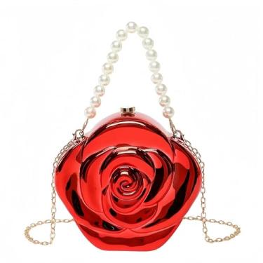 Imagem de QTKJ Bolsa feminina de mão com pérola camélia, bolsa brilhante, elegante bolsa transversal de ombro único, bolsa requintada para festa, uso diário, presentes para mulheres (vermelha)