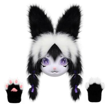 Imagem de CROOOLTRRY Conjunto engraçado de máscara e garra para cosplay adulto, anime, festa de baile de máscaras de gato de Cheshire (TGSET01-Preto e branco)