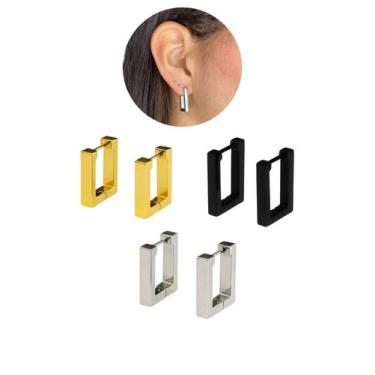 Imagem de Brinco Argola 16Mm Unissex Quadrado Preto Prata Dourado Aço - Visujóia