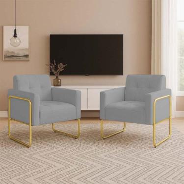 Imagem de Poltrona Sala Industrial Alta Tubo Dourado Kit 2 Elisa Suede Cinza D03
