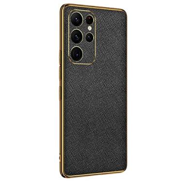 Imagem de Capa para Samsung Galaxy S22/S22 Plus/S22 Ultra, capa de luxo de couro verdadeiro slim fit galvanizada macia TPU à prova de choque proteção para câmera, preta, S22 Ultra 6,8 polegadas