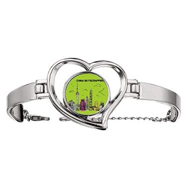 Imagem de N/A N/A Bracelete de arame para joias de coração com arranha-céus famoso edifício da China, medium, metal