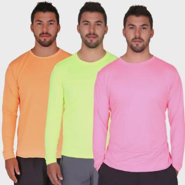 Imagem de Kit 3 Camisetas Neon Manga Longa Proteção Solar Uv50 Ice Tecido Gelado 1 Rosa 1 Amarela 1 Laranja