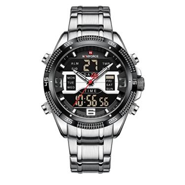 Imagem de Relógio analógico masculino digital à prova d'água relógios esportivos de aço inoxidável relógios de pulso militares de quartzo, Prateado, preto
