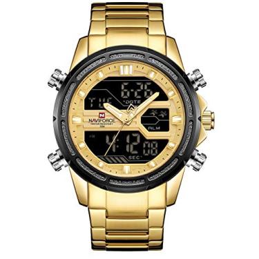 Imagem de Relógios masculinos à prova d'água, multifuncional, totalmente em aço inoxidável, analógico, digital, LED, quartzo, esportivo, relógios de pulso, Dourado