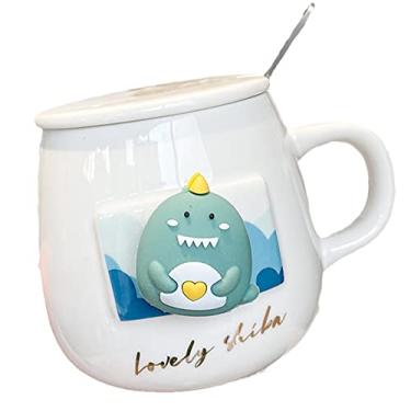 Imagem de Caneca de gato com tampa colher 3D linda xícara de chá de café cerâmica conjunto de caneca presente de aniversário para mulheres amantes de amigos (dinossauro verde, 420 ml)