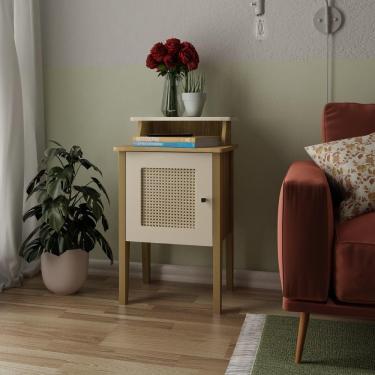 Imagem de Mesa de Apoio Lateral de Canto de Sofá MDF 1 Porta Prateleira Sala Multiuso Marrom Madeira Off White