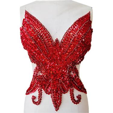 Imagem de Aplique de strass puro costurado à mão em malha branca costurada em miçangas, lantejoulas, remendos acessórios para roupas sociais (vermelho)