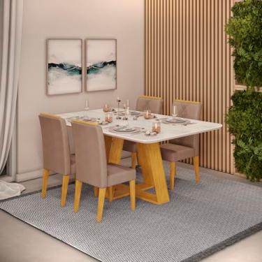 Imagem de Conjunto Sala de Jantar 4 Cadeiras Tampo Sem Vidro 170x90 Dj Móveis Kiara Cedro Quartzo Yasmin Veludo Kraft