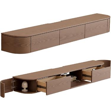 Imagem de Armário de TV flutuante, suporte de TV flutuante montado na parede, consoles de TV para sala de estar, suportes de televisão com luzes LED, cor de madeira de nogueira, 160 cm/63 pol.