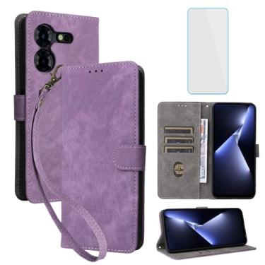 Imagem de IUQXU Capa carteira para celular Tecno Pova 5 Pro com protetor de tela [bloqueio RFID] Suporte de cartão flip de couro com alça de pulso feminina e masculina LH8n para Tecno Pova5 Pro Pova 5Pro Roxo