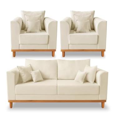 Imagem de Kit Sofá 3 Lugares e Poltronas Sala de Estar Beny Suede Bege Madeira Prima Deccor