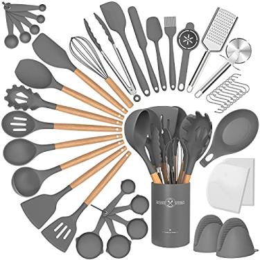 Imagem de Conjunto de utensílios de cozinha de silicone, 34 peças antiaderentes resistentes ao calor, conjunto de espátulas com cabo de madeira para assar, cozinhar e misturar, melhores utensílios de cozinha com suporte (cinza)