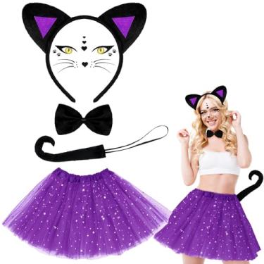 Imagem de Newcotte Conjunto de 5 peças de fantasia de gato preto, orelhas de gato, gravata borboleta com lantejoulas, tutu e adesivo de rosto de gato para vestido adulto de Halloween (crianças, preto, roxo)