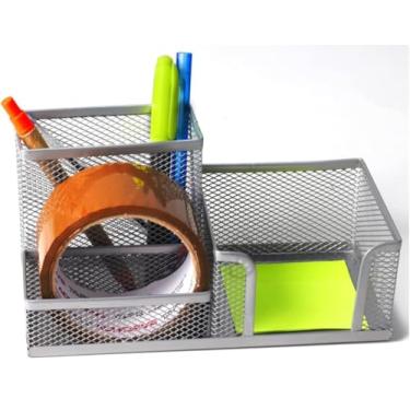 Imagem de Organizador de Mesa de Metal Aramado com 3 Divisórias, Prata, Porta Lápis, Porta Caneta, Clips, Cartão