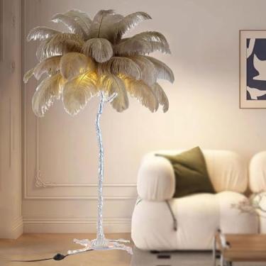Imagem de Luminária de chão de penas de avestruz natural moderna, luminária de pé simples para sala de estar e quarto, lâmpada de quarto de menina romântica regulável, corpo de luz prata