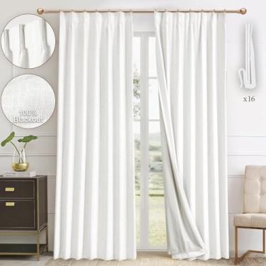 Imagem de Cortinas blecaute plissadas com mistura de linho para quarto – Cortinas pretas em marfim com 203 cm, conjunto de 2 painéis para escurecimento da sala de estar, cortinas térmicas de janela com ganchos