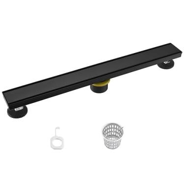 Imagem de KirlystonE Ralo de Chuveiro Linear de 24", Ralo de Piso de Chuveiro Retangular Preto Fosco com Inserção de Ladrilho e Filtro de Cabelo