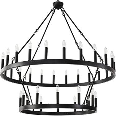 Imagem de JKLX Lustre grande de roda de vagão preto de 122 cm, luminária pendente redonda com 36 luzes de fazenda estilo rústico industrial para sala de jantar e cozinha