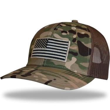 Imagem de Boné camuflado estilo caminhoneiro de caça snapback 112 para homens ou mulheres com bandeira americana EUA Missão Militar Afeganistão camuflagem e emblema de bandeira (costurado) Design Mil-Spec, Mesh