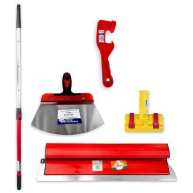 Imagem de Desempenadeira Berox de Aço Inox 60cm Universal Para Massa Corrida + Cabo Extensor Fibra De Vidro 1,3m + Espátula Para Balde + Abridor de Balde Pintura, Textura, Profissional Kit