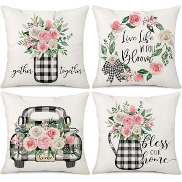 Imagem de Coeufuedy Capas de almofada de primavera 45,7 x 45,7 cm Conjunto de 4 flores rosa Buffalo xadrez Mason Jar Truck Bless Our Home Farmhouse Capas de almofada decorativas para sofá de casa