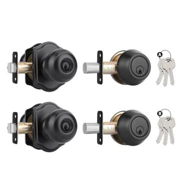 Imagem de goldenwarm Conjunto de 2 fechaduras externas e maçanetas de porta, maçaneta preta com fechadura para porta da frente, fechaduras de porta de entrada com chave com combinação de fechadura preto fosco